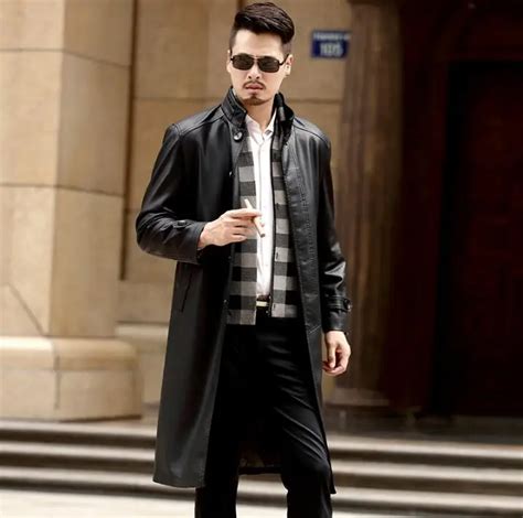 Thin long leather coats men casual single breasted coat mens leather ...