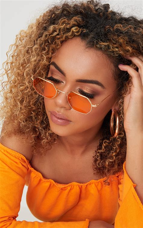 Orange Lens Hexagon Retro Sunglasses | PrettyLittleThing