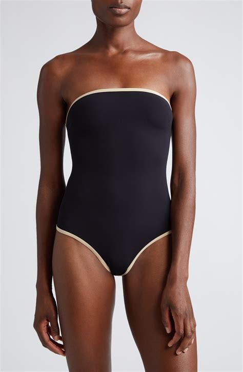TOTÊME Stripe Edge Strapless One-piece Swimsuit - Black | Editorialist