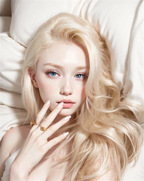 mulher loira com cabelos longos deitada na cama com um anel no dedo