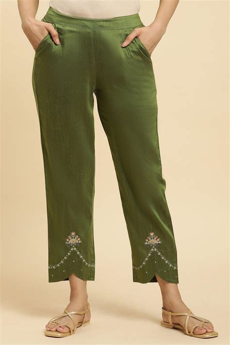 Buy Olive Green Straight Pants With Embroidered Hemline @ 1499 | W for ...