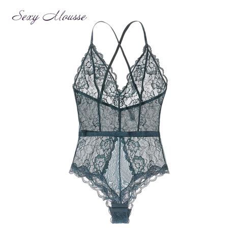 Sexy Mousse lace embroidery hollow out deep V bodysuit body shaper sexy ...
