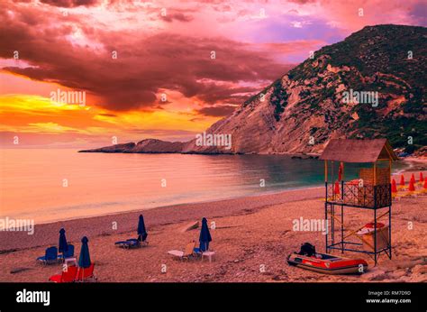 sunset  petani beach kefalonia island greece view  petani bay