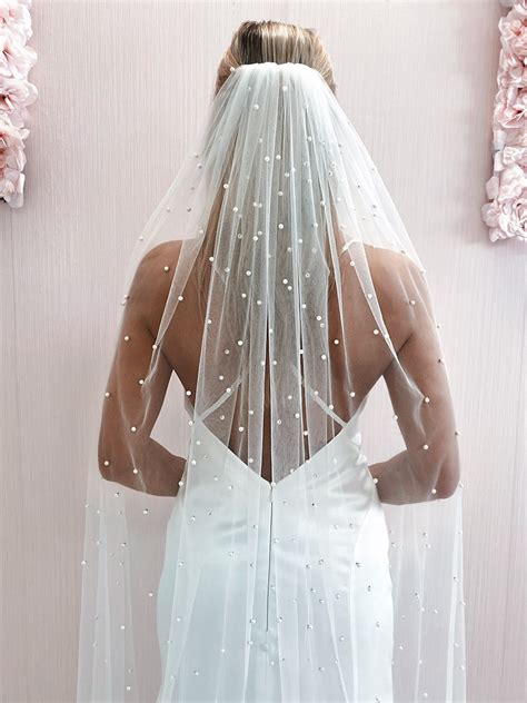 pearl wedding veil tulle bridal veil  pearls wedding long veil