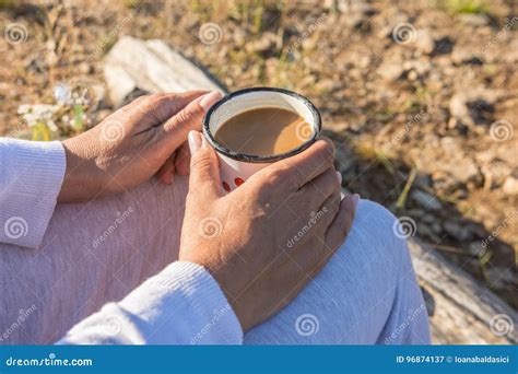Tasty Coffee Consumed with Delight in Nature by Adult Woman Stock Image ...