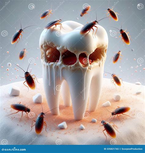 Tooth with Decay Surrounded by Cockroaches on a White Surface Stock