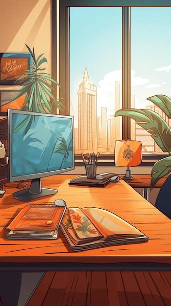 Premium AI Image | cartoon View of desk with computer and decorations