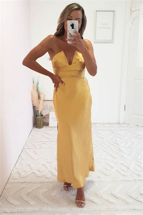 Louvre Strapless Satin Midi Dress | Yellow/Gold – Oh Hello Clothing