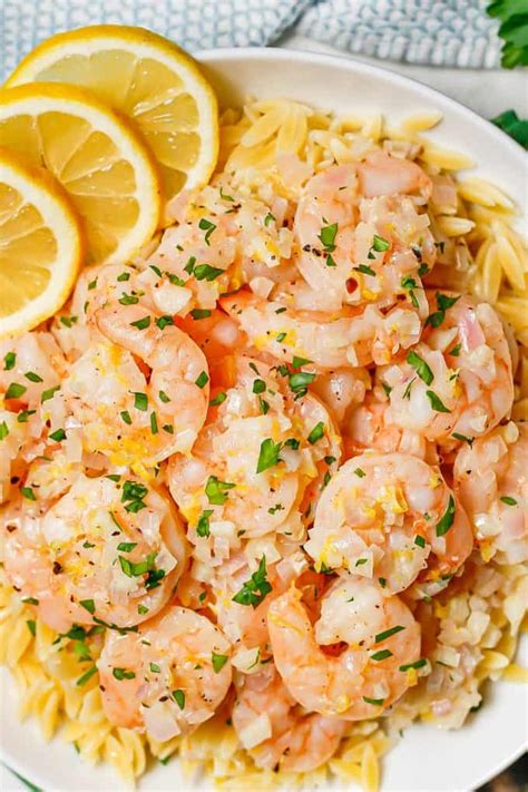 lemon garlic shrimp family food   table