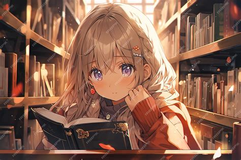 Premium Photo | Cute anime girl with blond hair reading a book in the ...