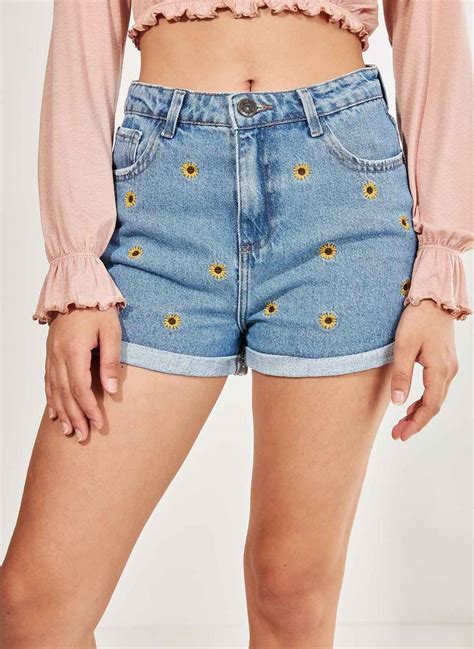 short jeans bordado girassol azul
