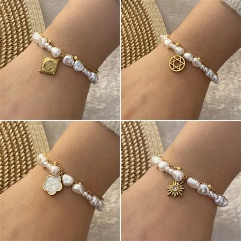Sample Design Gold Plated Stainless Steel Faux Pearl Bead Chain Flower ...
