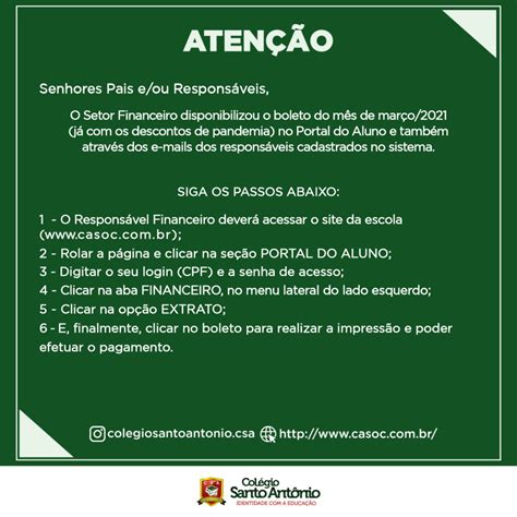 Senhores Pais Ou Responsáveis - ATENÇÃO – Senhores Pais e/ou Responsáveis: - Colégio Santo Antônio
