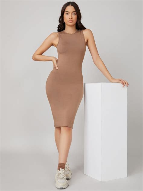 solid bodycon dress beige bodycon sleeveless dress  summer casual