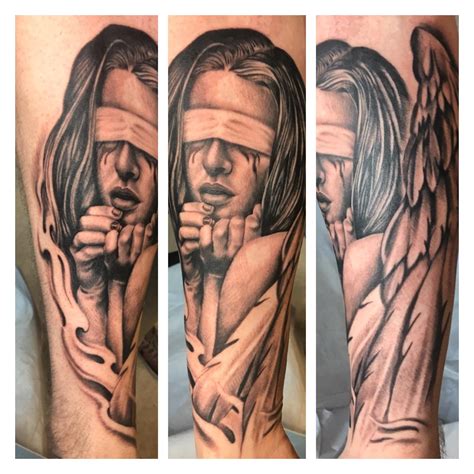 Black and Grey Crying Angel w/ Blindfold tattoo done by Zach Volatile ...