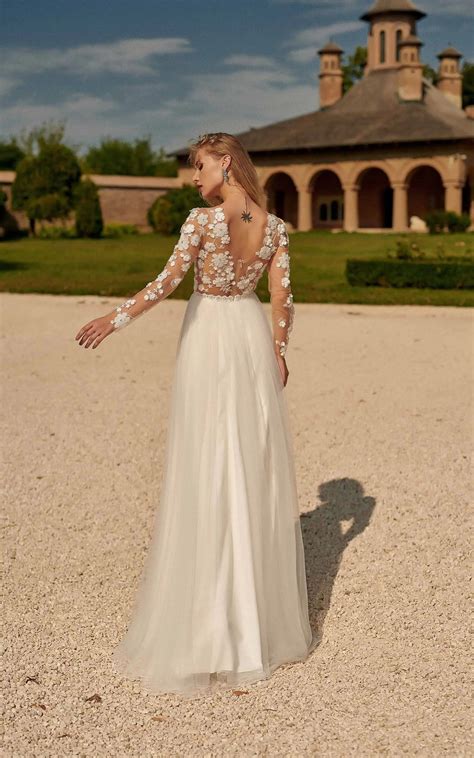 Beautiful Floral Boho Wedding Dress, Long Sleeves A-line Wedding Dress