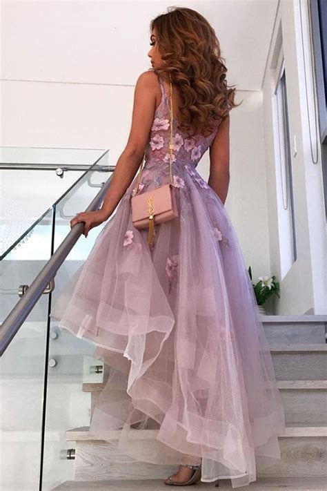 V Neck High Low Purple Floral Prom Dresses, V Neck Purple Homecoming D