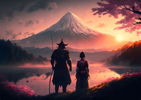geisha samurai mount fuji poster  canvaspixeldreams displate
