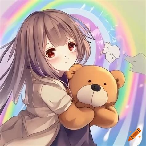 Anime girl hugging a teddy bear under a rainbow on Craiyon