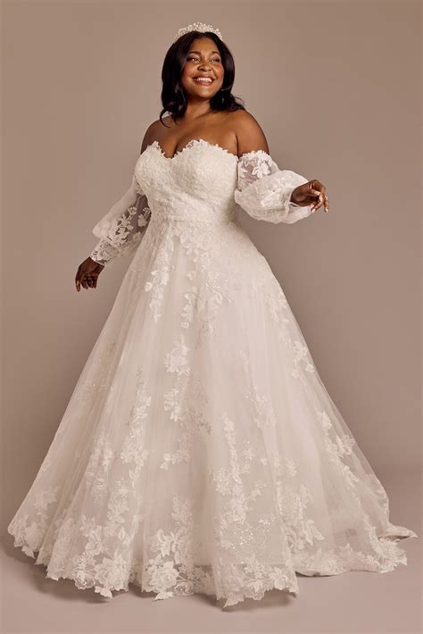 Lace Applique Gown with Removable Billow Sleeves | David's Bridal