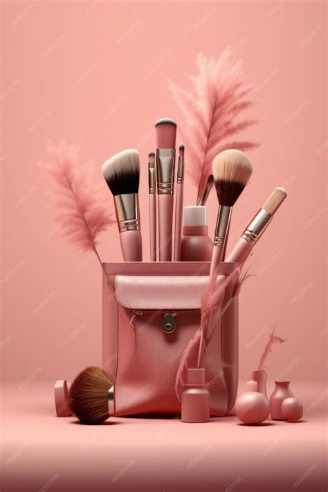 Premium Photo | A pink makeup brush holder with makeup brushes on it.