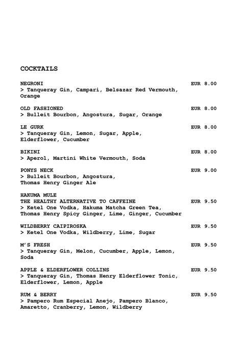 Menu at Ruby Marie Hotel & Bar, Vienna