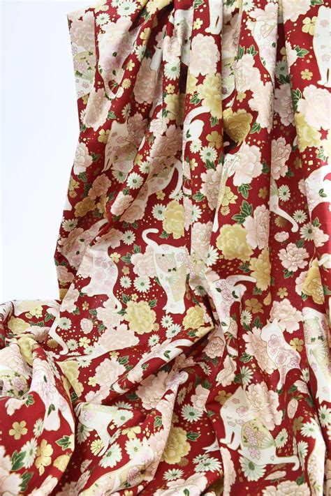 Japanese fabric cats peonies and fans red background - DIY District