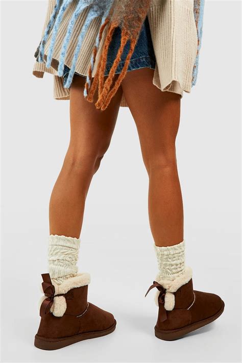 Fur Lined Bow Back Cosy Boots | boohoo UK