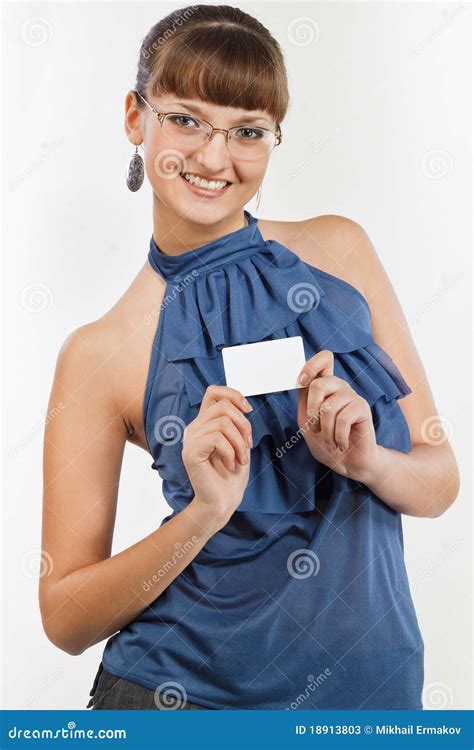 Young Beautiful Smiling Girl Shows a Business Card Stock Image - Image ...