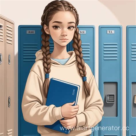 Teenage Girl Holding Textbook by School Locker Style Art | AI Art Generator