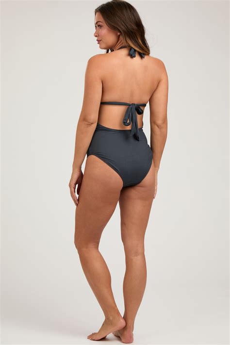 Black Ribbed Low Back Halter One-Piece Maternity Swimsuit – PinkBlush