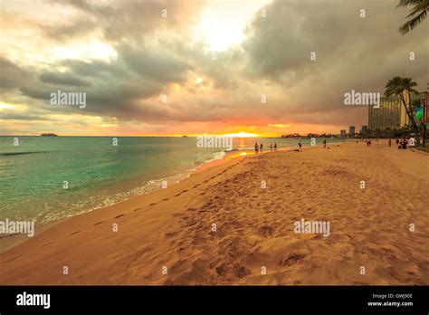 Waikiki beach sunset Stock Photo - Alamy