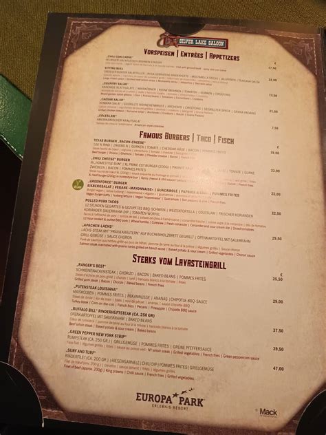Menu au Silver Lake Saloon restaurant, Rust