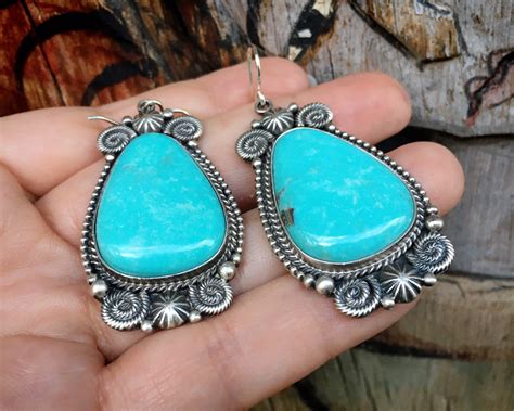 Large Blue Turquoise Dangle Earrings by Navajo Michael & Rose