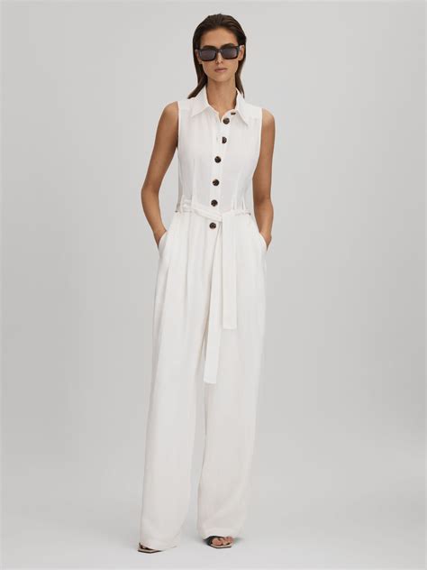 Reiss Petite Belted Wide Leg Jumpsuit in White - REISS