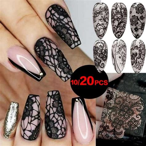 20/10pcs 3D Lace Nail Art Stickers Black White Lace Flower Design Nail ...
