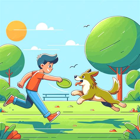 Niño de dibujos animados jugando con el perro en el parque | Vector Premium