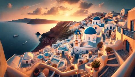 golden sunset illuminating oia village  santorini greece stock