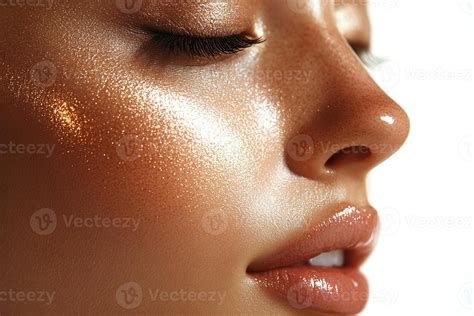 Glowing Melanin Beauty with Gold Shimmer Highlighter, Dewy Skin and