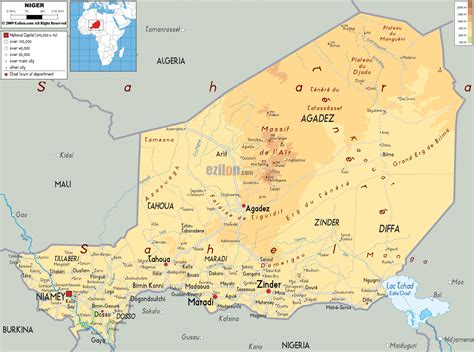 Large physical map of Niger with roads, cities and airports | Niger | Africa | Mapsland | Maps ...