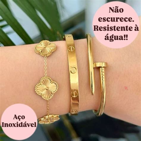 Pulseiras E Braceletes Femininos - Conjunto 3 Braceletes Aço inoxidável Dourado Acessórios Femininos ...