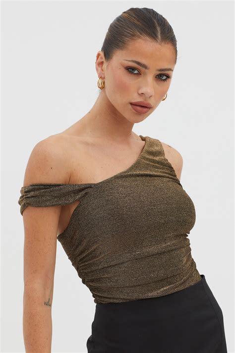 Shop the Deirdre Asymmetrical Strap Bodysuit Black/Gold