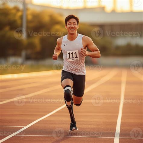 Athlete with prosthetic limb sprints on track during golden hour in