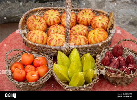 handmade fruit shaped candles at baskets as souvenirs in Vezelay, France Stock Photo - Alamy