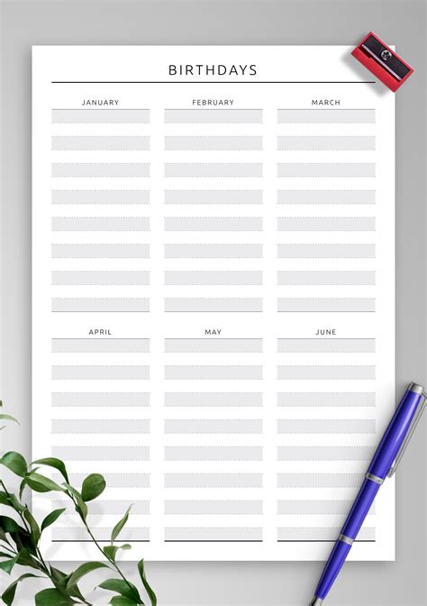 Download printable birthday calendar