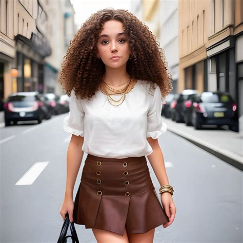 Woman with brown curly hair, mini skirt - Arthub.ai