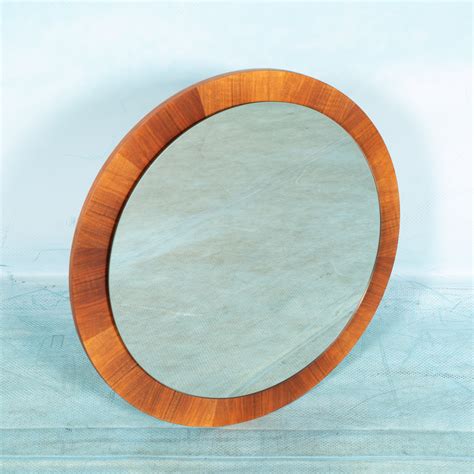 Midcentury round mirror with walnut frame | #242522