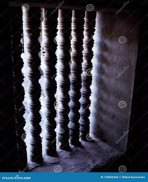 Stone Bars on the Windows. the Window Opening of the Old House Stock