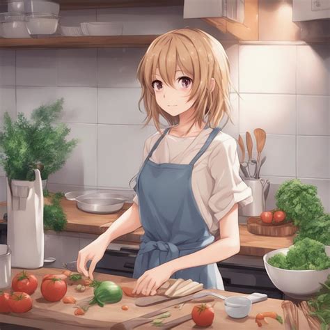 Premium AI Image | Anime girl cooking in the kitchen wallpaper