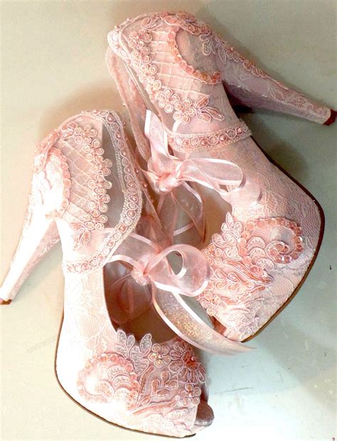 Blush Lace Wedding Shoes for Bride With Ribbons - Etsy | Wedding shoes